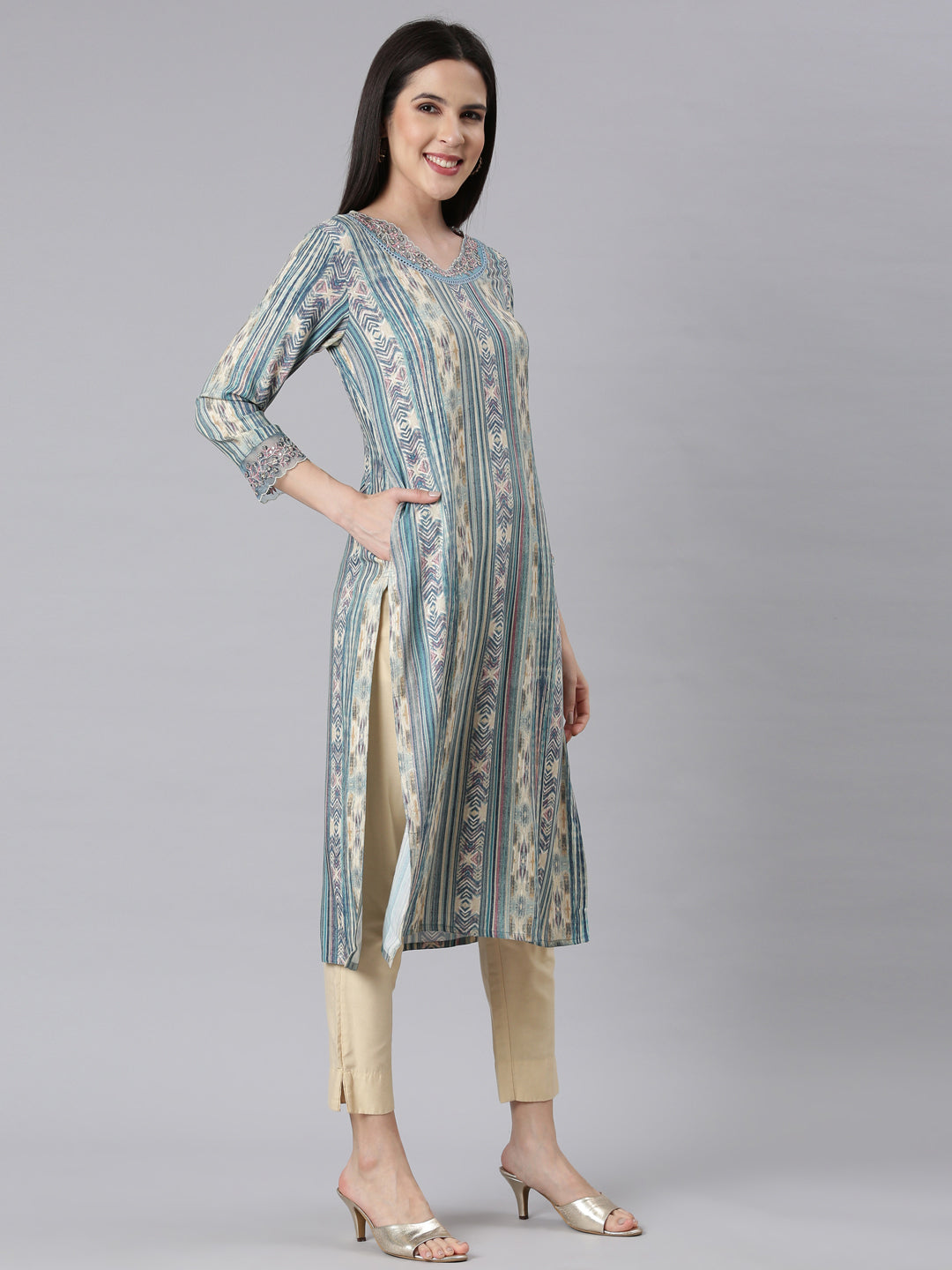 Neerus Blue Panelled Straight Chevron Kurtas