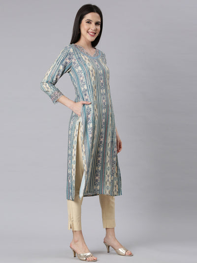 Neerus Blue Panelled Straight Chevron Kurtas