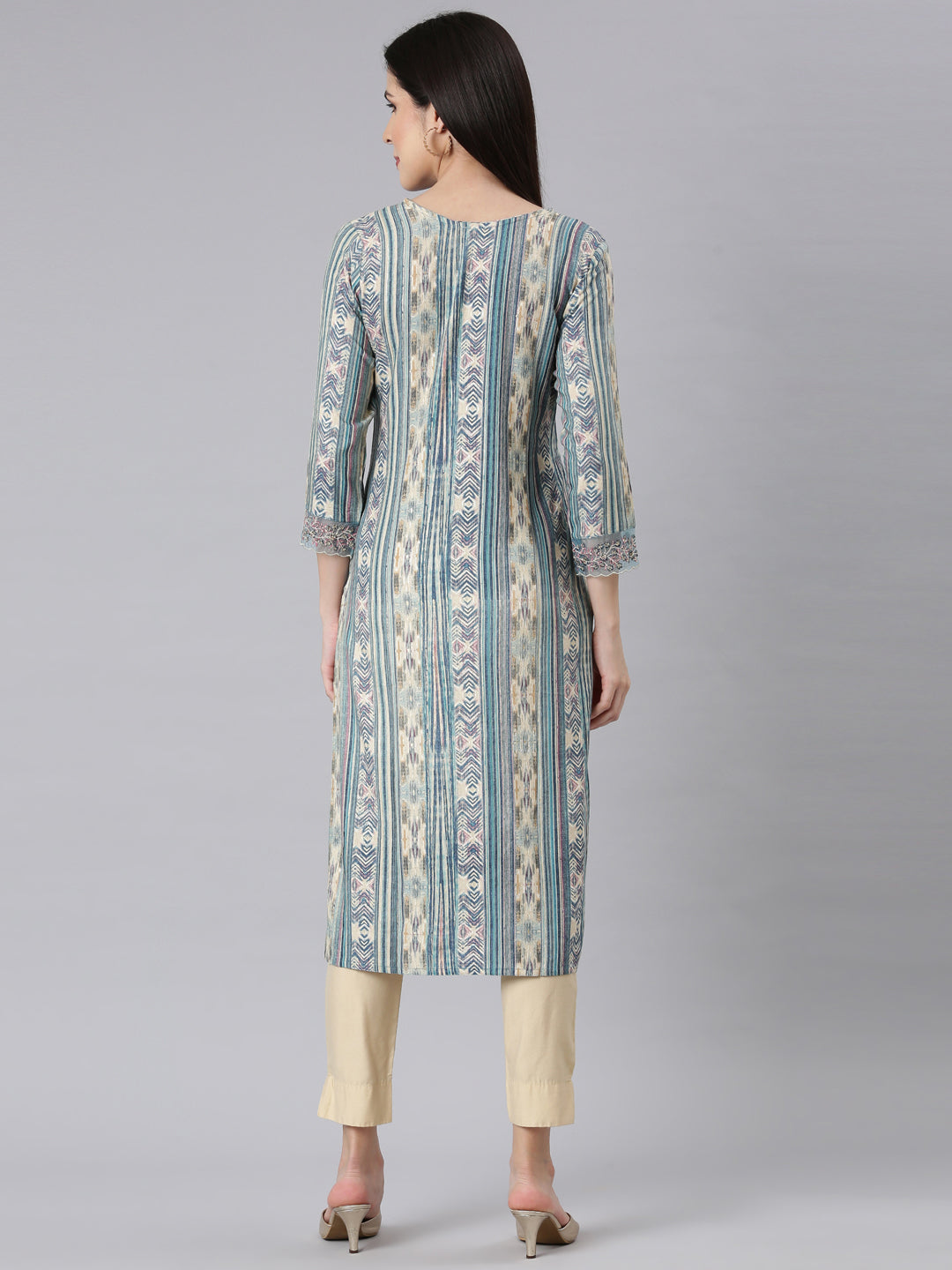 Neerus Blue Panelled Straight Chevron Kurtas