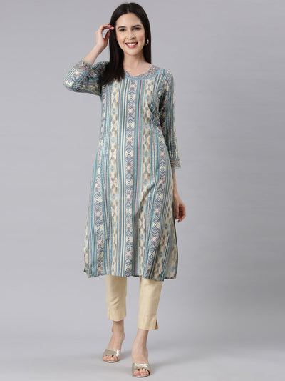 Neerus Blue Panelled Straight Chevron Kurtas