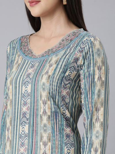 Neerus Blue Panelled Straight Chevron Kurtas