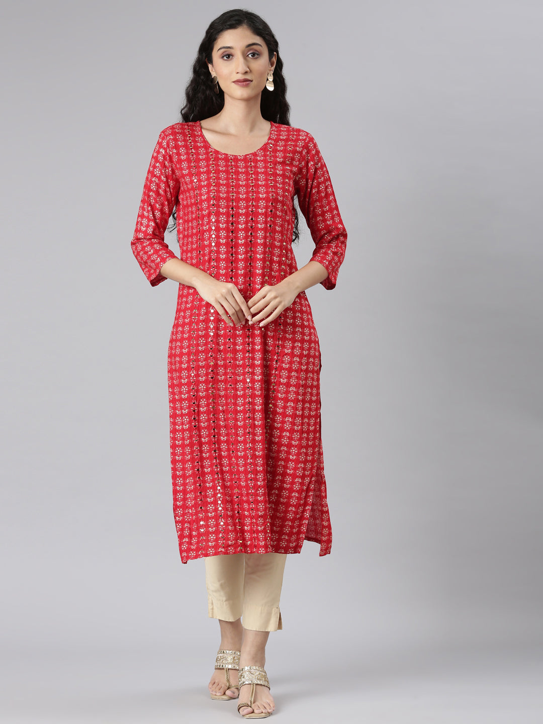 Neerus Red Straight Casual Floral Straight Kurtas