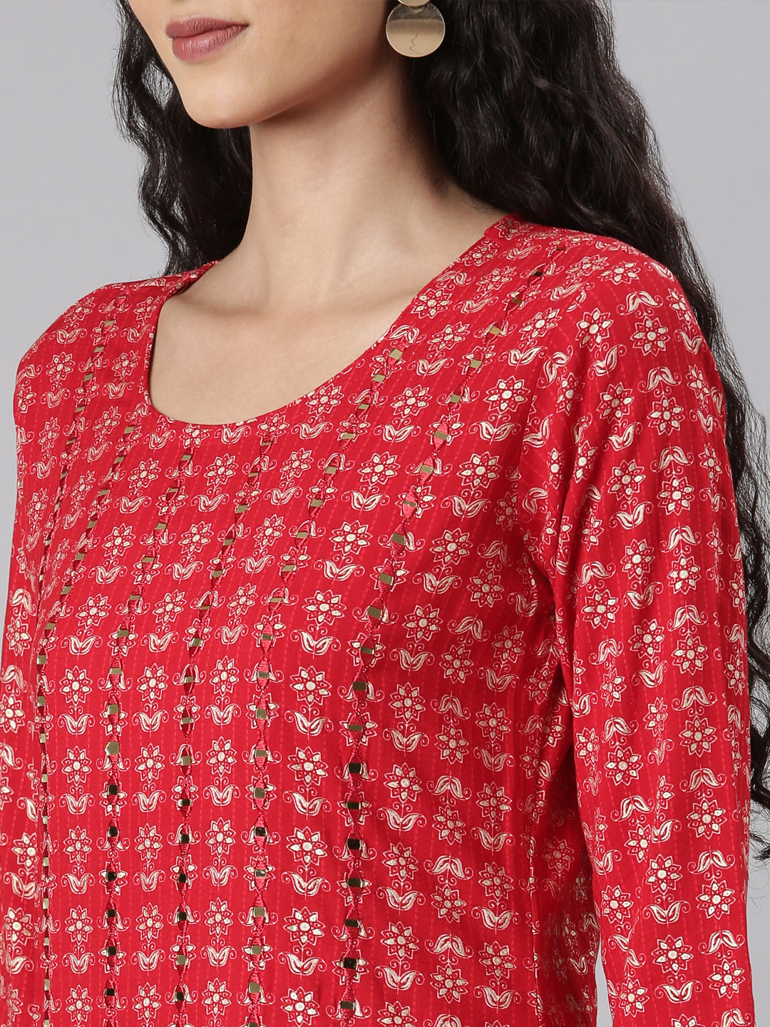 Neerus Red Straight Casual Floral Straight Kurtas