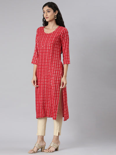 Neerus Red Straight Casual Floral Straight Kurtas