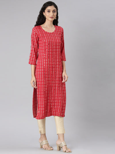 Neerus Red Straight Casual Floral Straight Kurtas