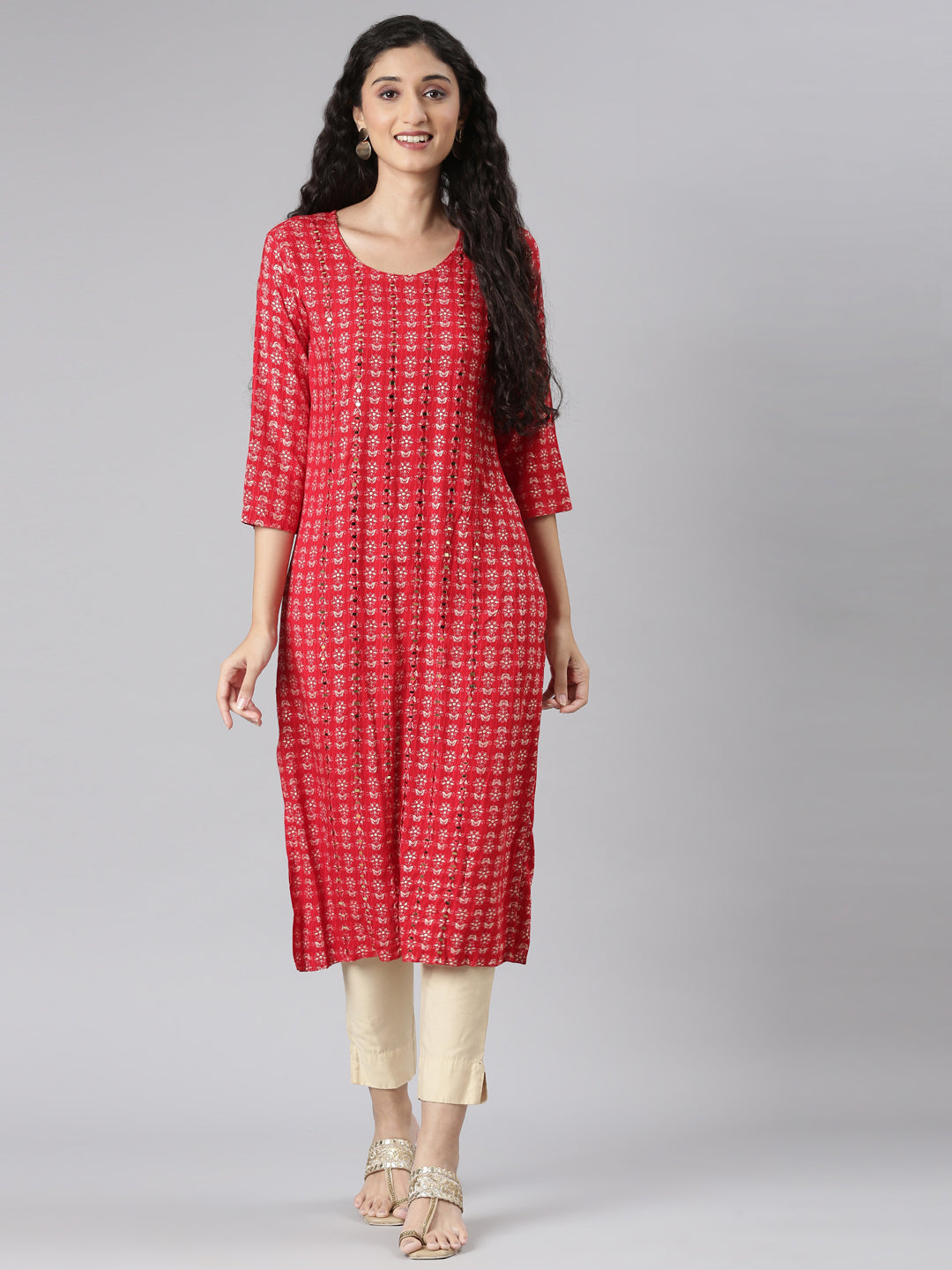 Neerus Red Straight Casual Floral Straight Kurtas