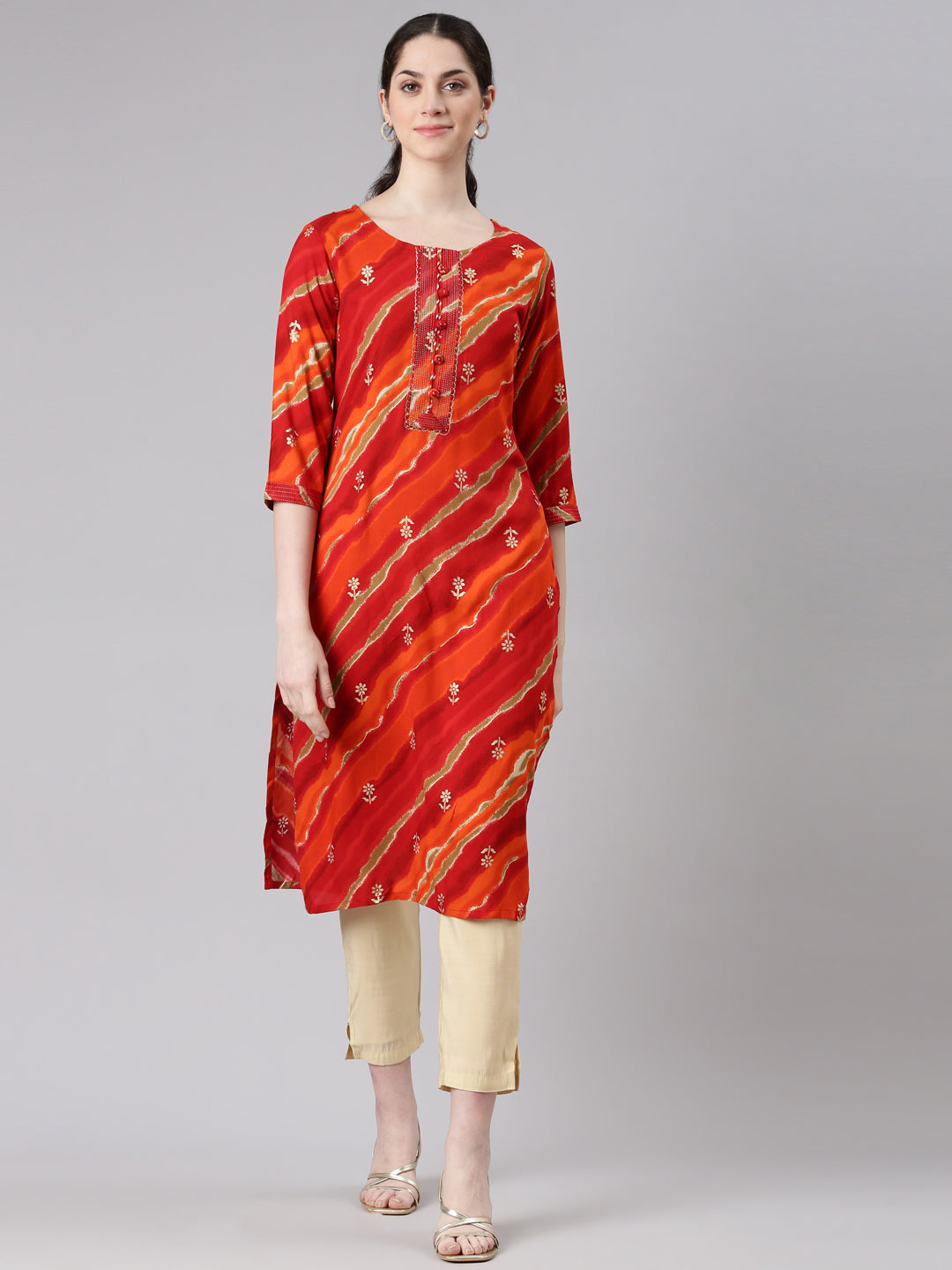 Neerus Orange Straight Casual Striped Panelled Kurtas