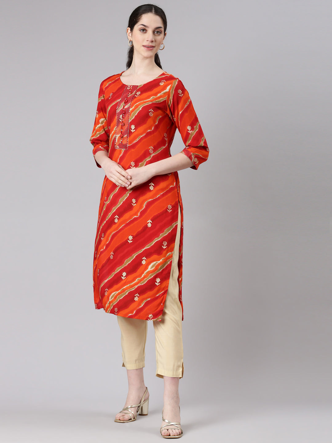 Neerus Orange Straight Casual Striped Panelled Kurtas