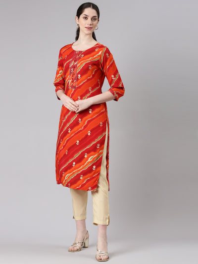 Neerus Orange Straight Casual Striped Panelled Kurtas