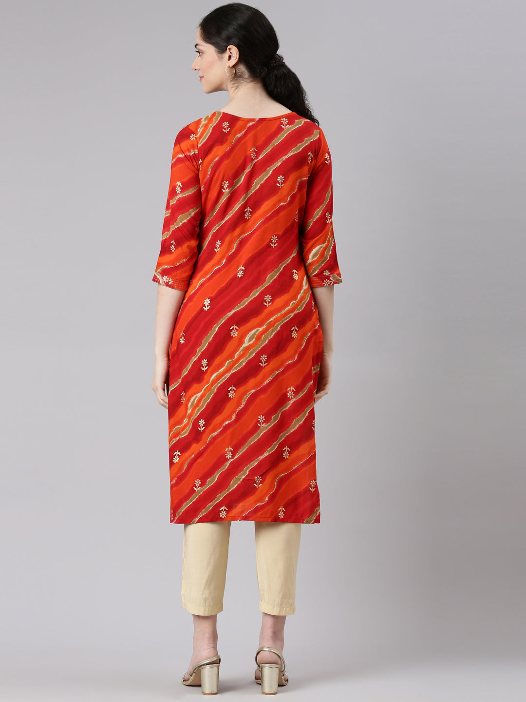 Neerus Orange Straight Casual Striped Panelled Kurtas