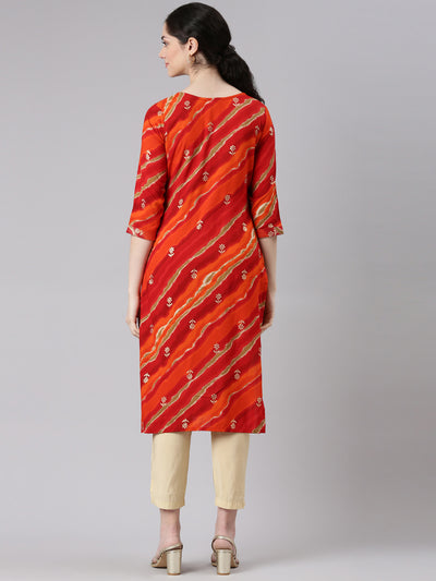 Neerus Orange Straight Casual Striped Panelled Kurtas