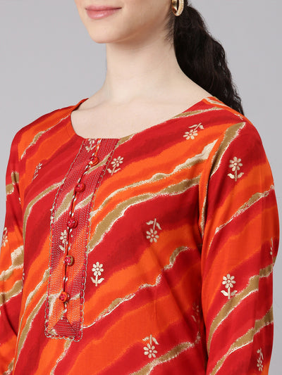 Neerus Orange Straight Casual Striped Panelled Kurtas