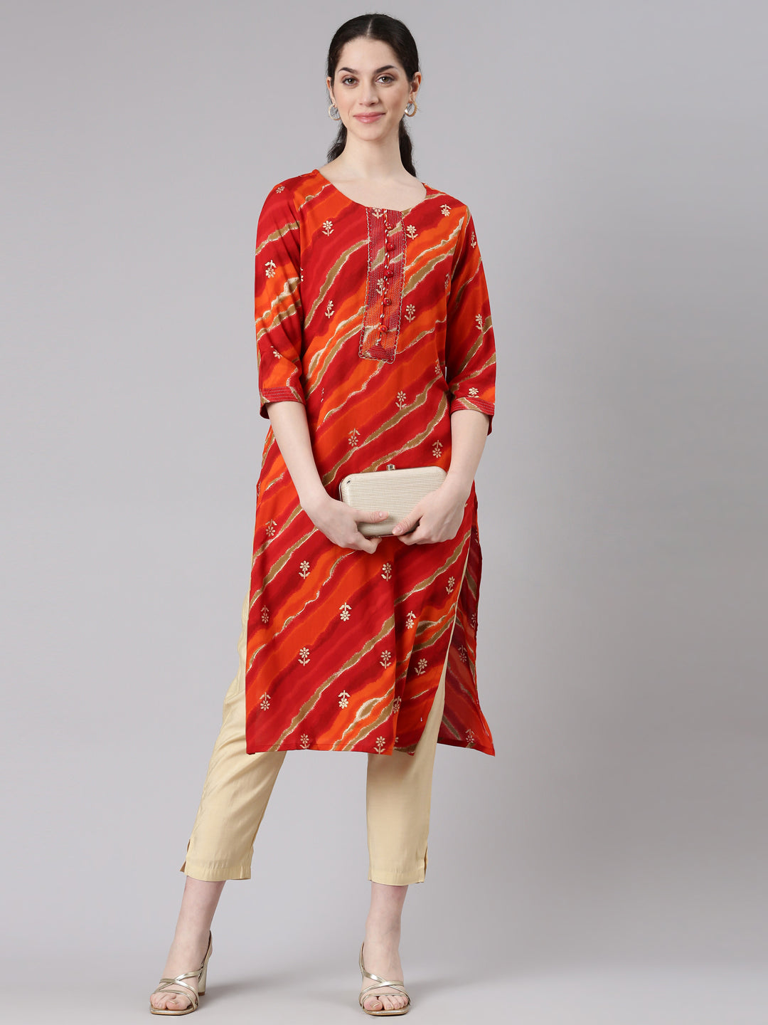 Neerus Orange Straight Casual Striped Panelled Kurtas