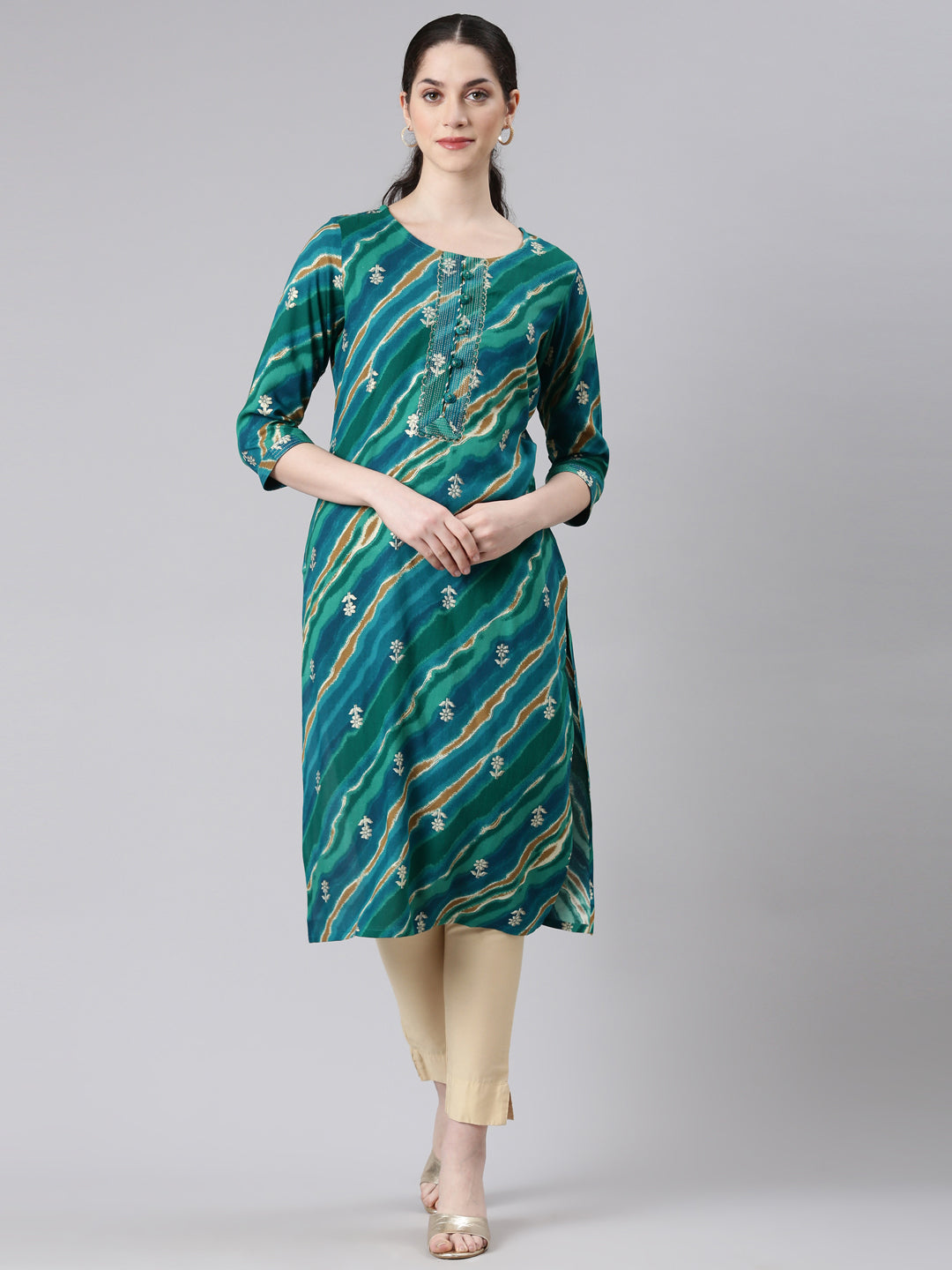 Neerus Green Straight Casual Striped Panelled Kurtas