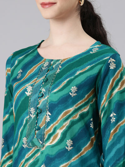 Neerus Green Straight Casual Striped Panelled Kurtas