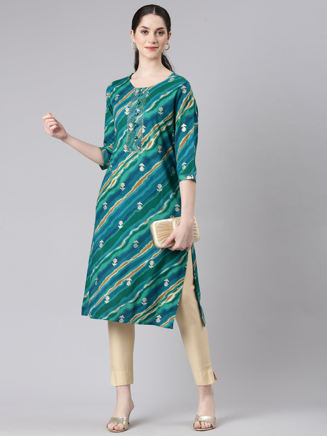 Neerus Green Straight Casual Striped Panelled Kurtas