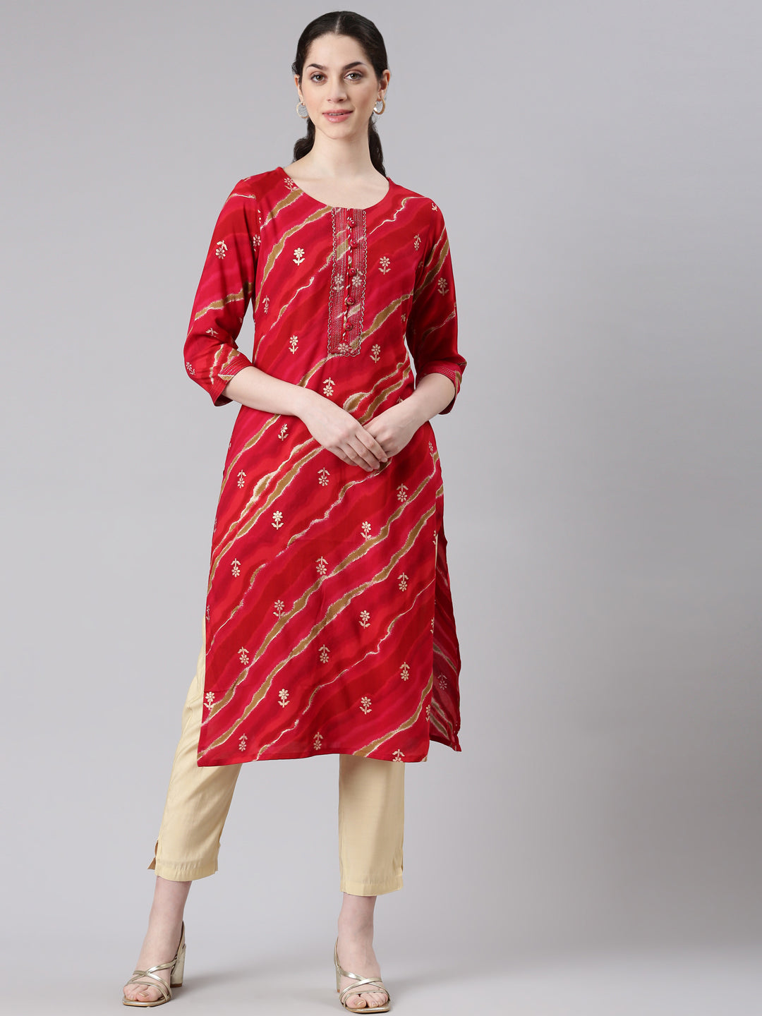 Neerus Red Straight Casual Striped Panelled Kurtas