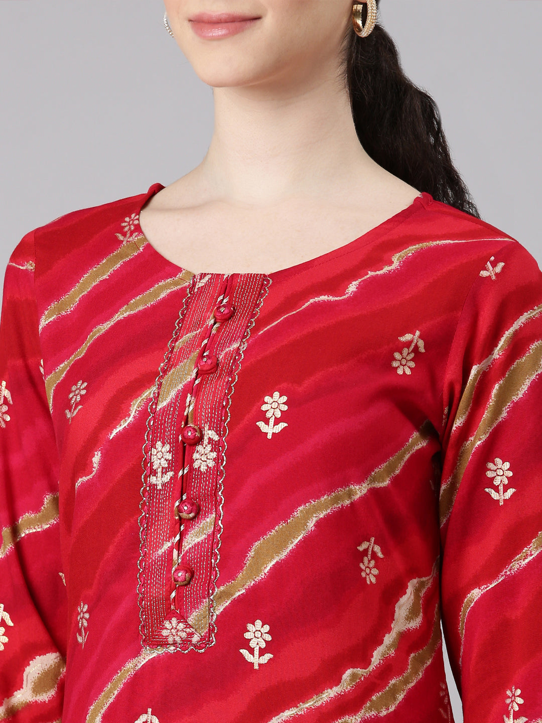 Neerus Red Straight Casual Striped Panelled Kurtas