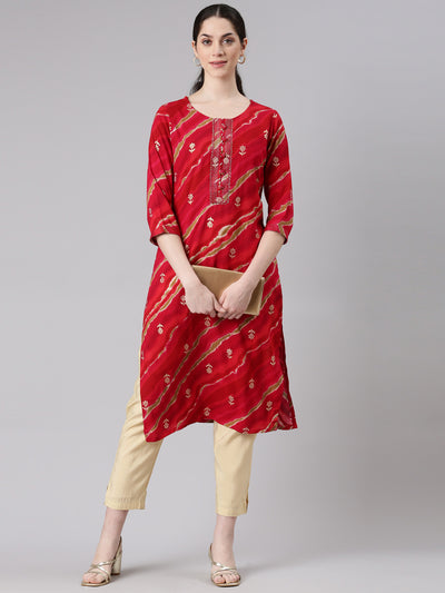 Neerus Red Straight Casual Striped Panelled Kurtas