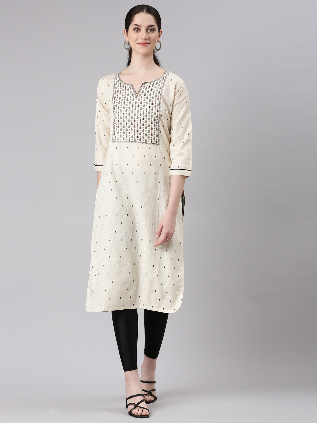 Neerus Beige Straight Casual Panelled Kurtas