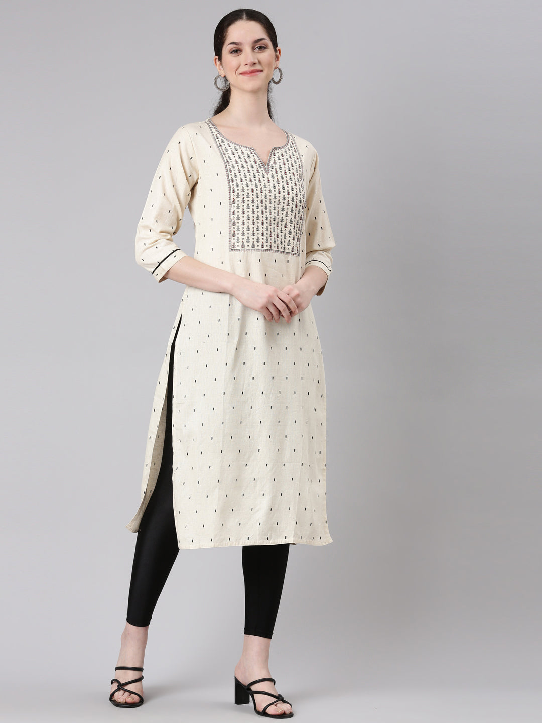 Neerus Beige Straight Casual Panelled Kurtas