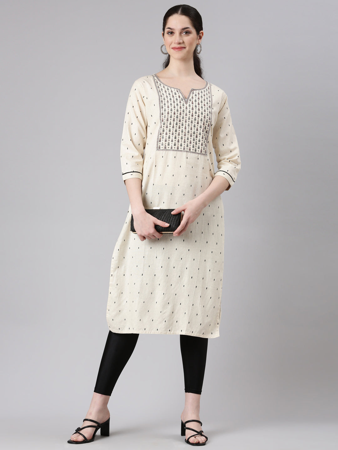 Neerus Beige Straight Casual Panelled Kurtas