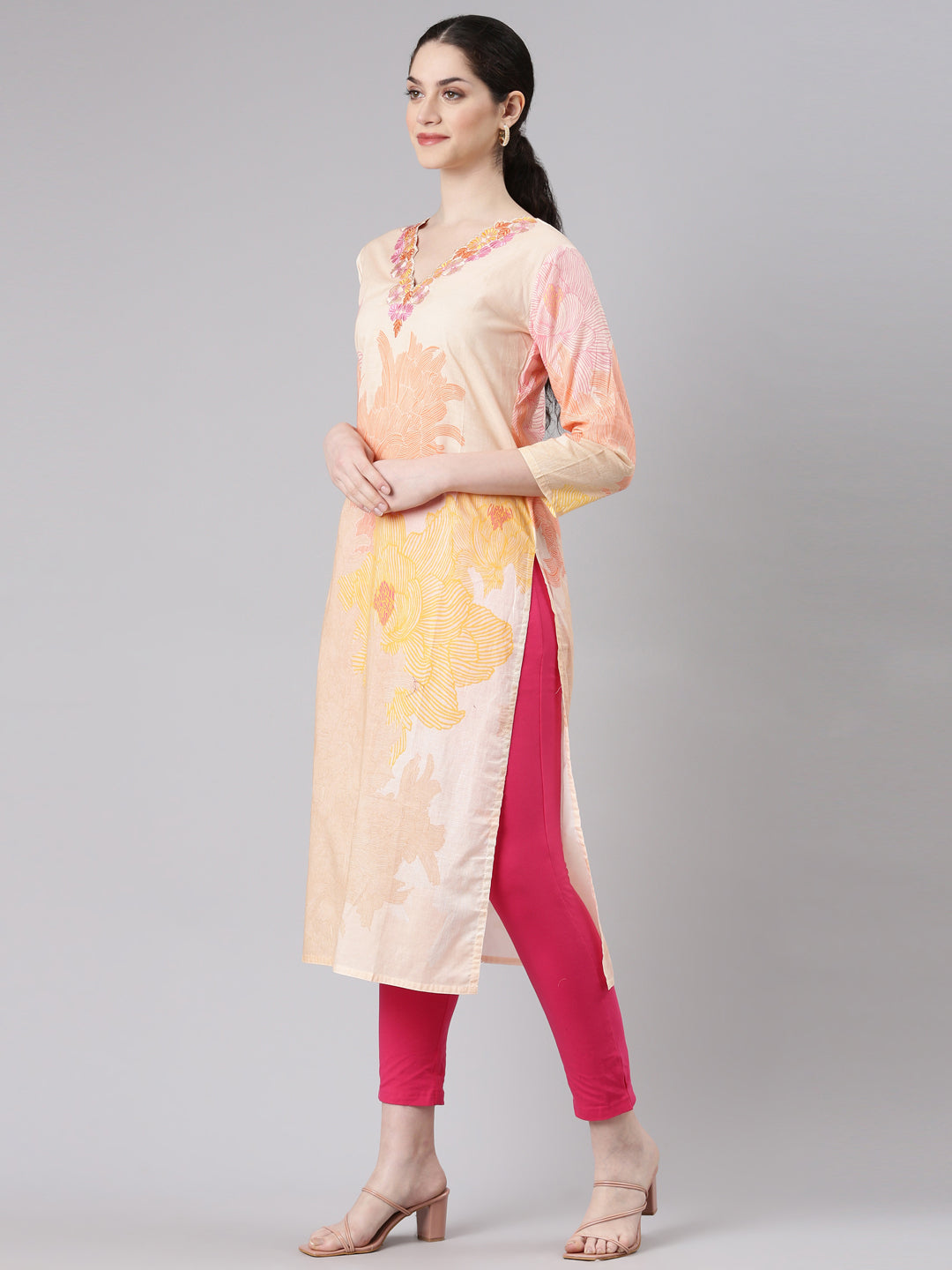 Neerus Cream Straight Casual Floral Kurtas