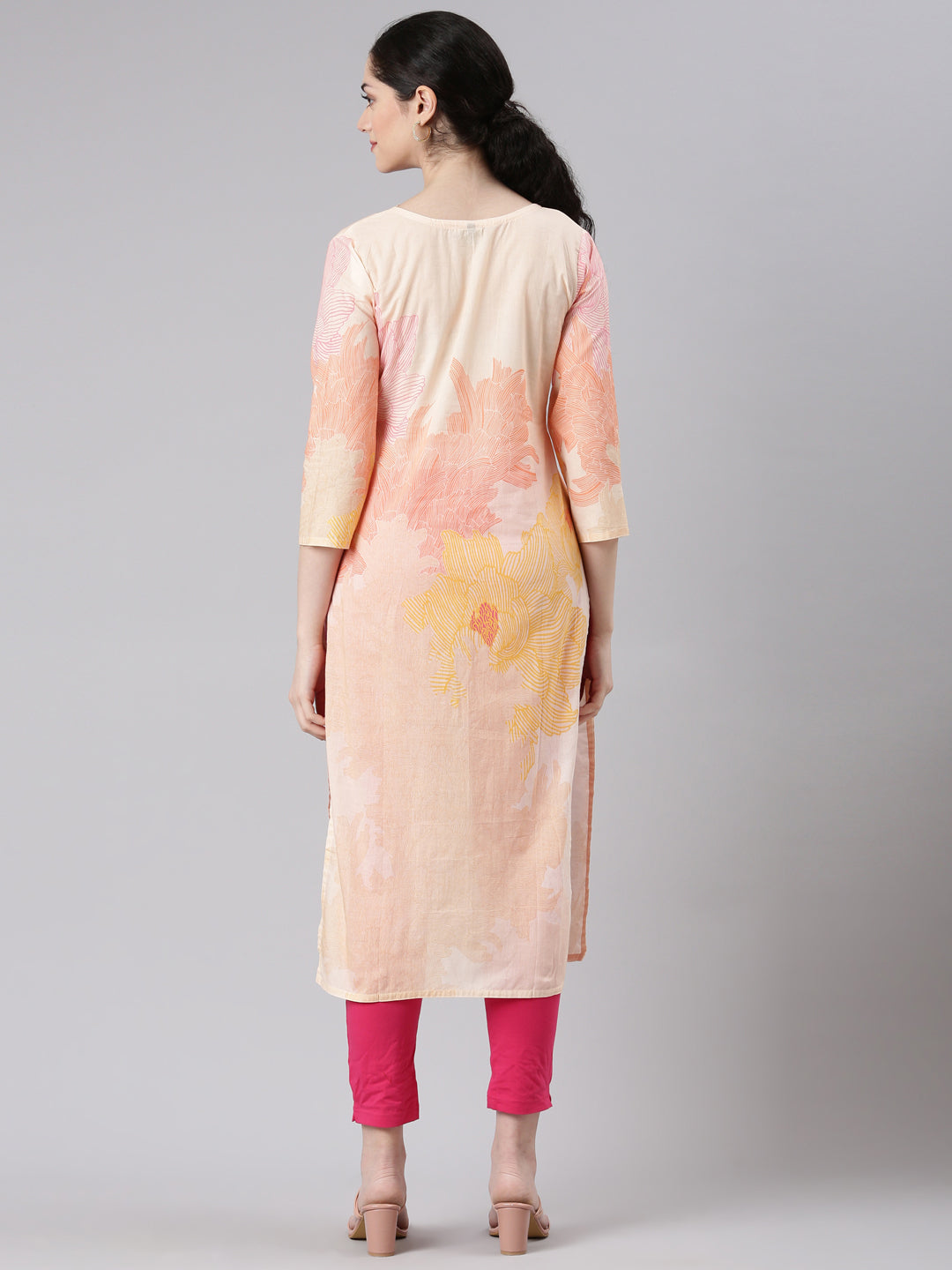 Neerus Cream Straight Casual Floral Kurtas