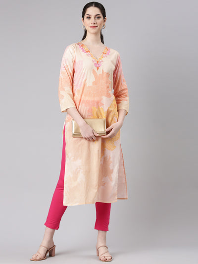 Neerus Cream Straight Casual Floral Kurtas