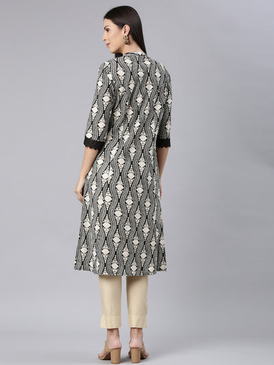 Neerus Black Straight Casual Chevron Straight Kurtas