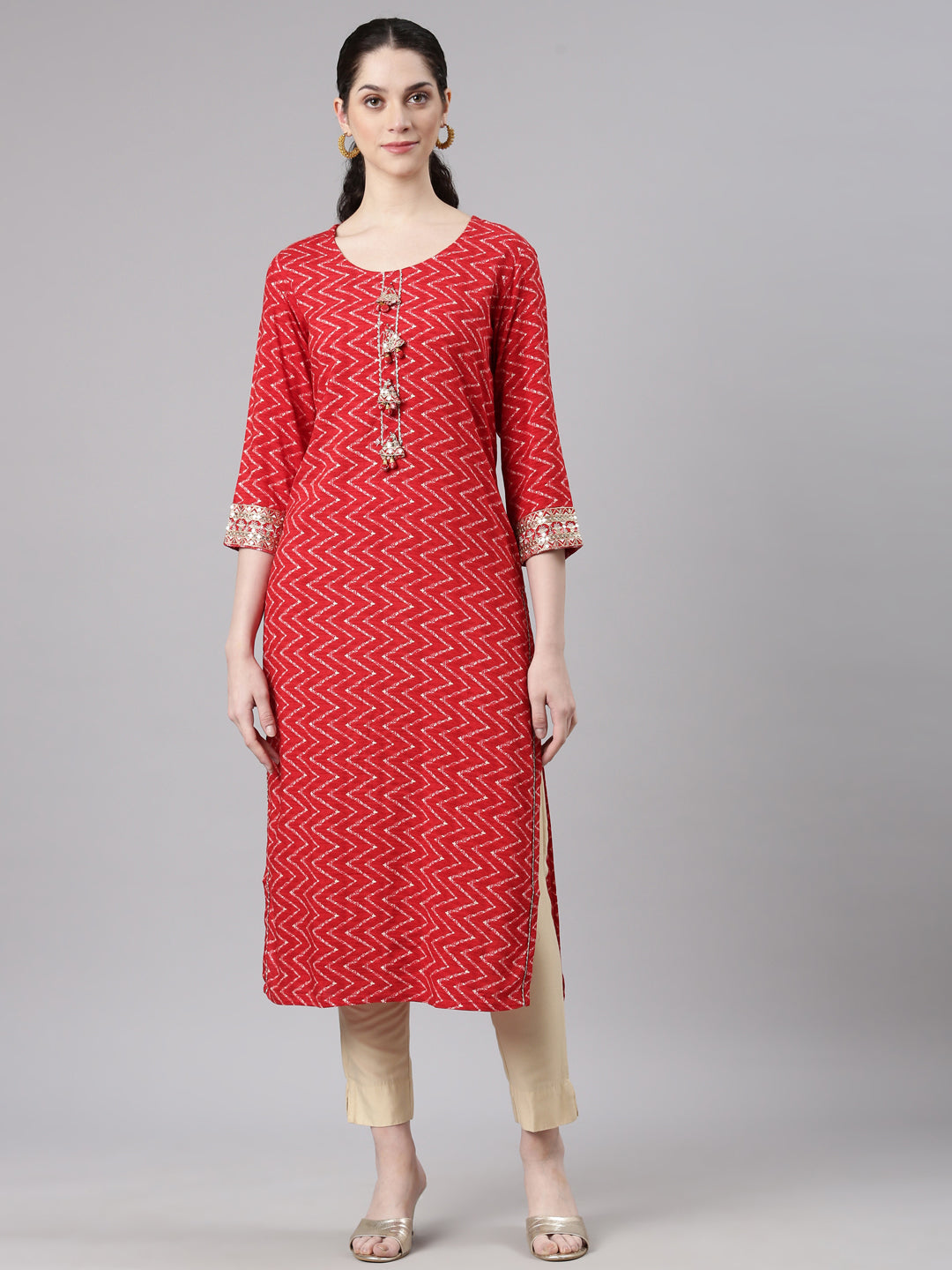 Neerus Red Straight Casual Chevron Kurtas