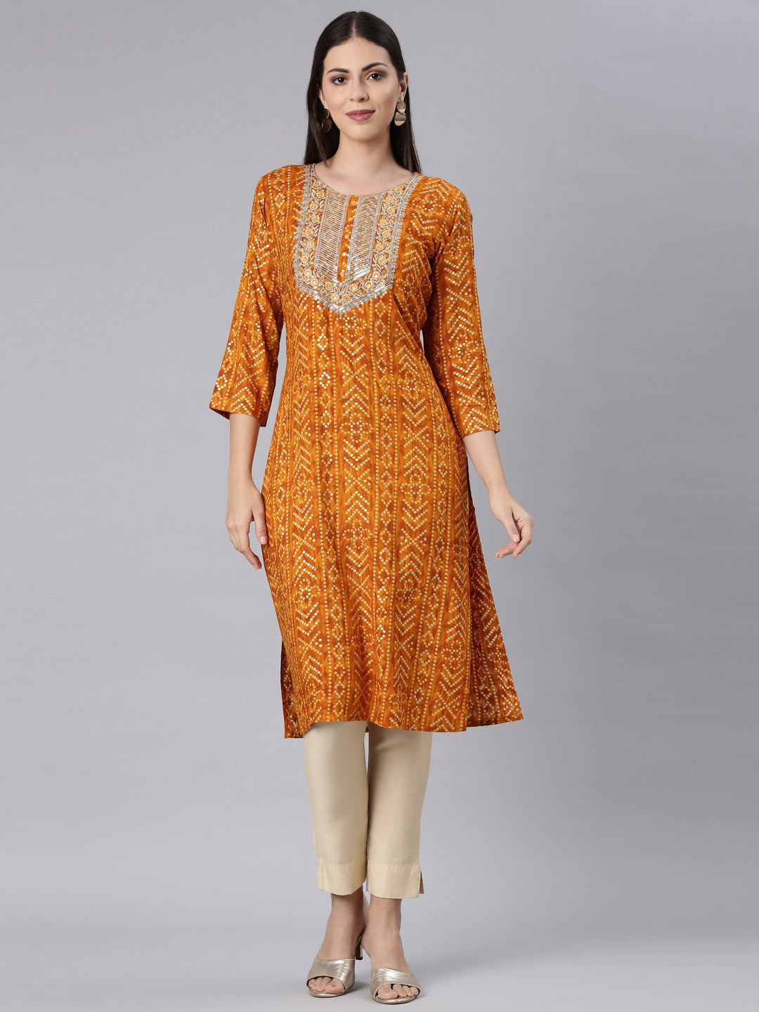 Neerus Mustard Straight Casual Bandhani Straight Kurtas