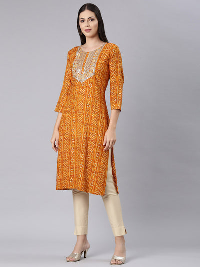 Neerus Mustard Straight Casual Bandhani Straight Kurtas