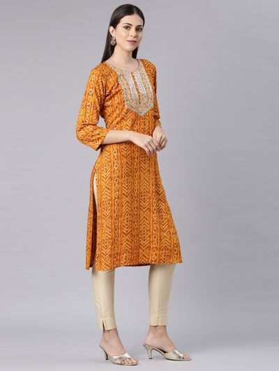 Neerus Mustard Straight Casual Bandhani Straight Kurtas