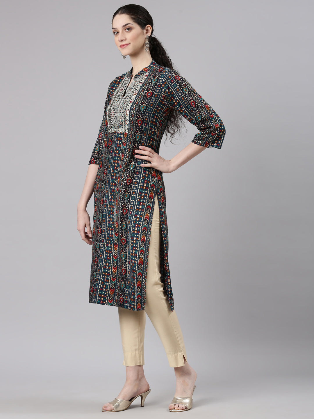 Neerus Blue Straight Casual Ethnic Motifs Kurtas