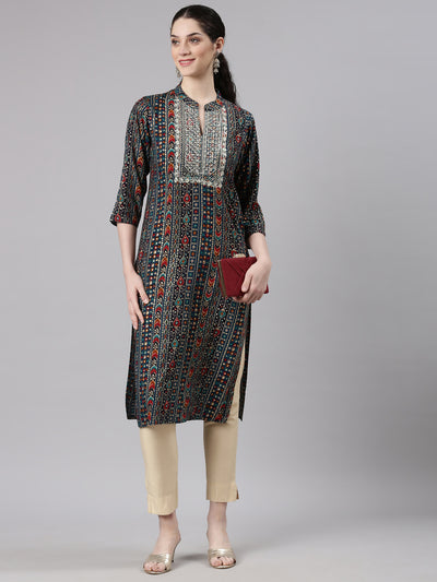 Neerus Blue Straight Casual Ethnic Motifs Kurtas