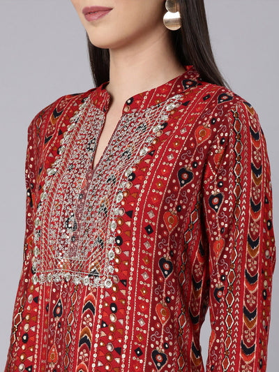 Neerus Red Straight Casual Embellished Straight Kurtas