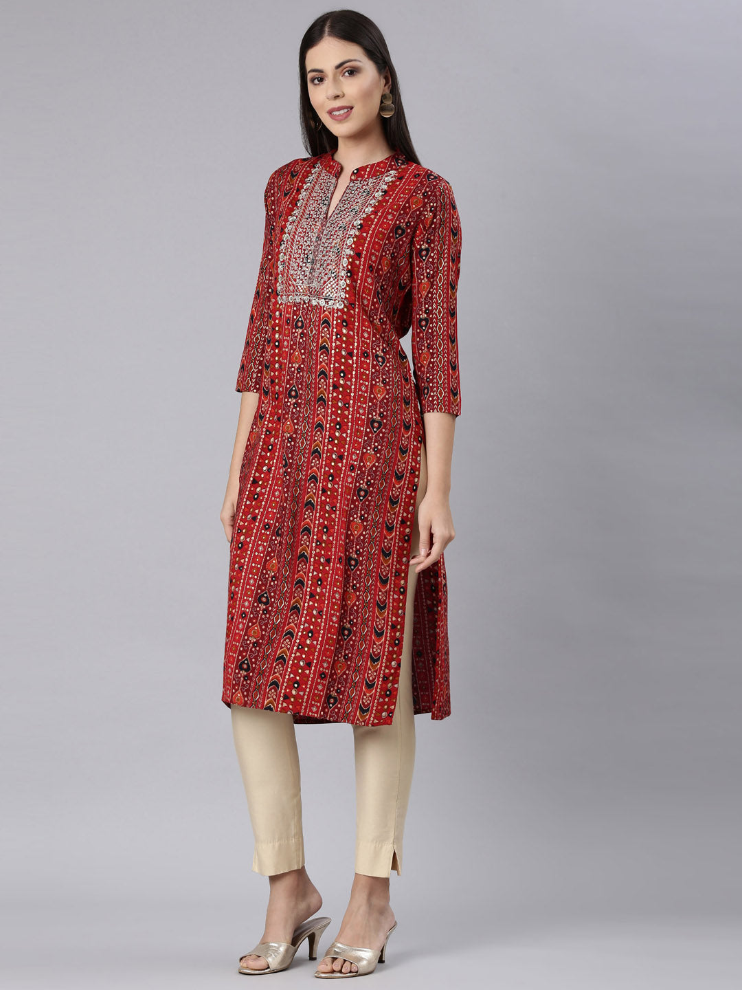 Neerus Red Straight Casual Embellished Straight Kurtas