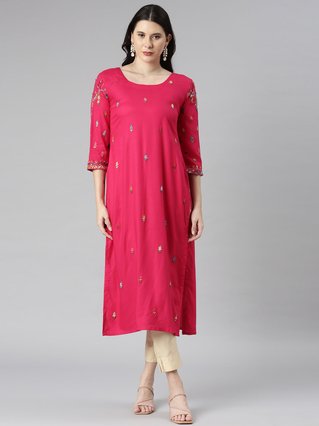 Neerus Pink Casual Solid Straight Kurtas