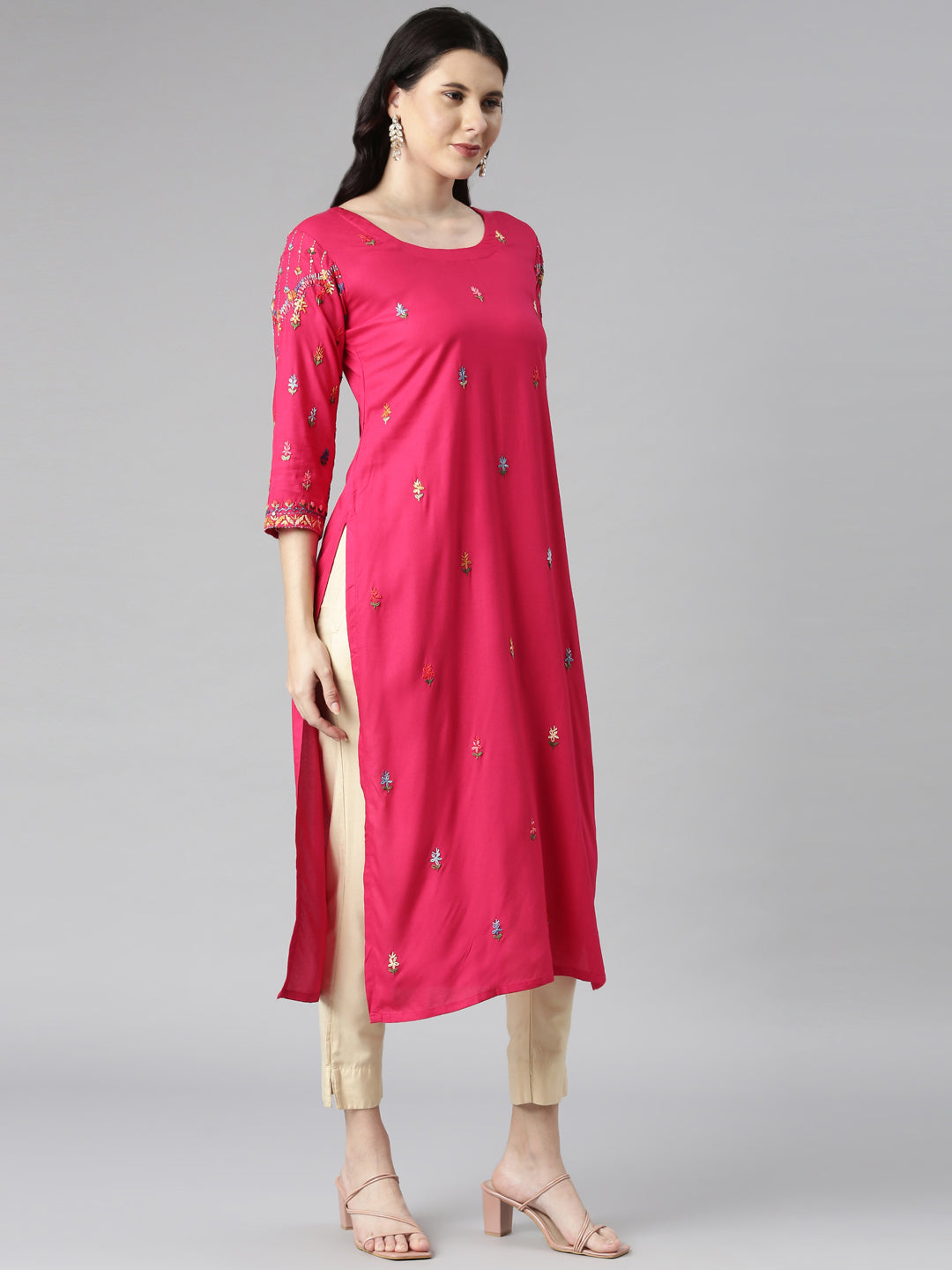 Neerus Pink Casual Solid Straight Kurtas