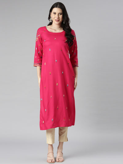 Neerus Pink Casual Solid Straight Kurtas