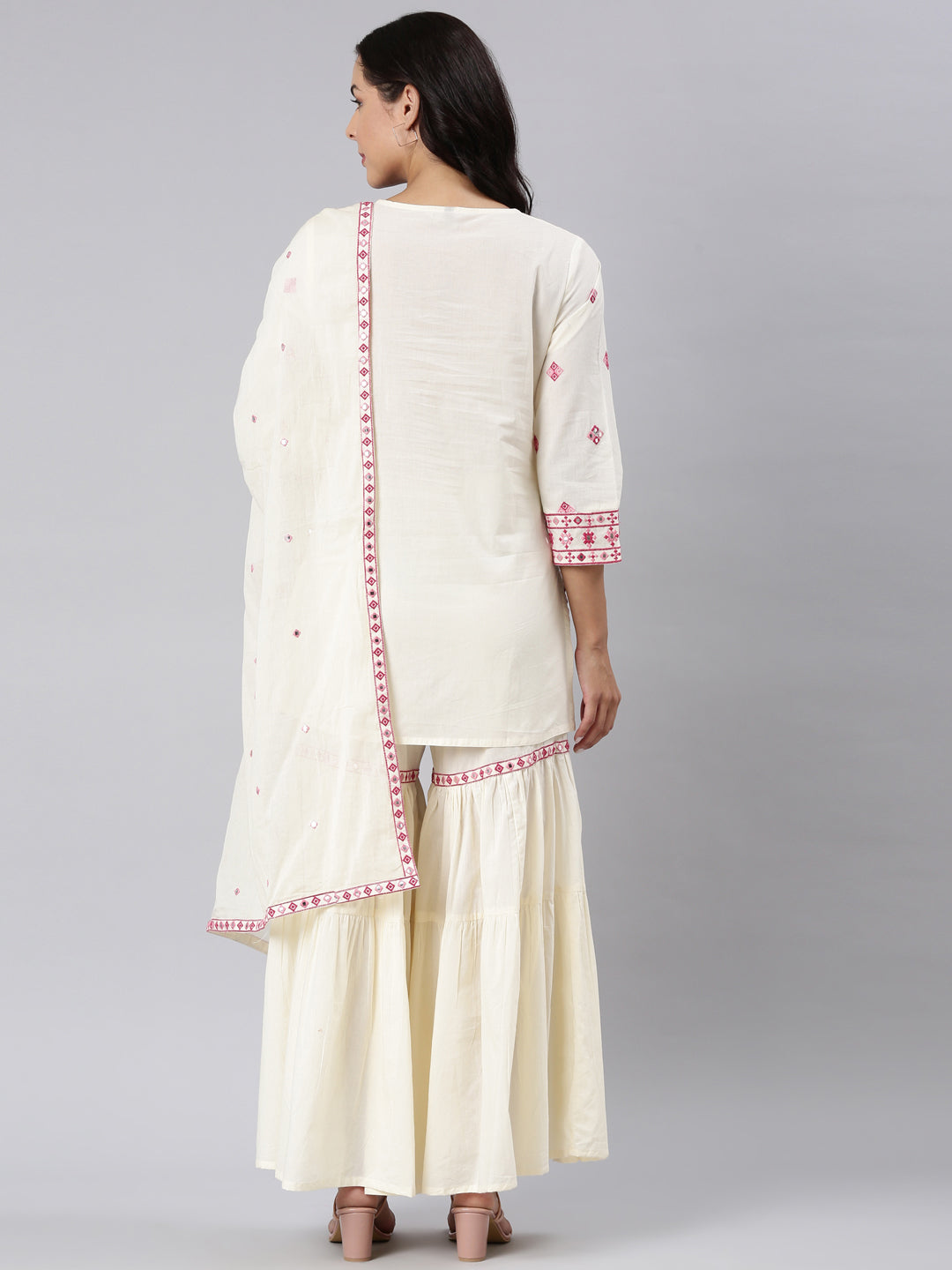 Neerus Pink Panelled Straight Yoke Design Kurti And Sharara With Dupatta