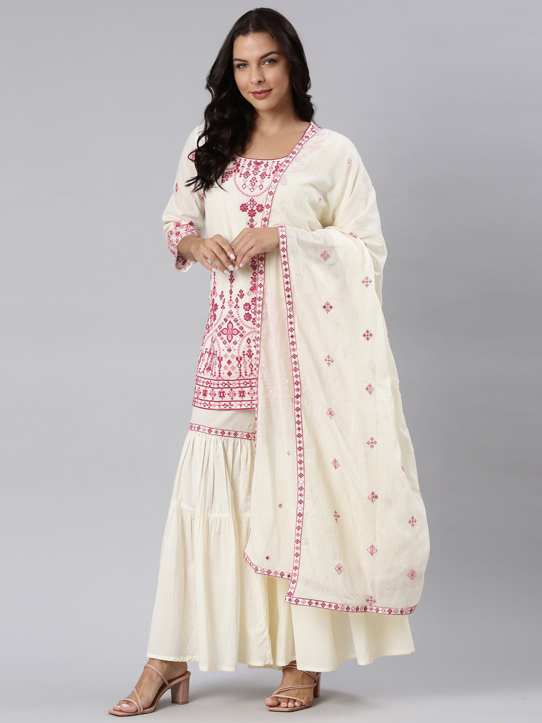 Neerus Pink Panelled Straight Yoke Design Kurti And Sharara With Dupatta