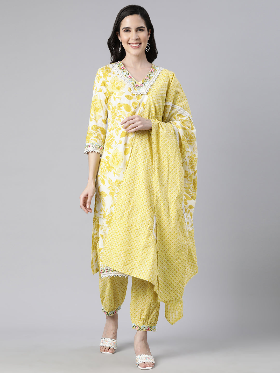 Neerus Yellow Regular Straight Floral Readymade suits