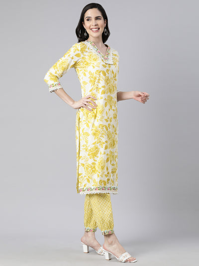 Neerus Yellow Regular Straight Floral Readymade suits