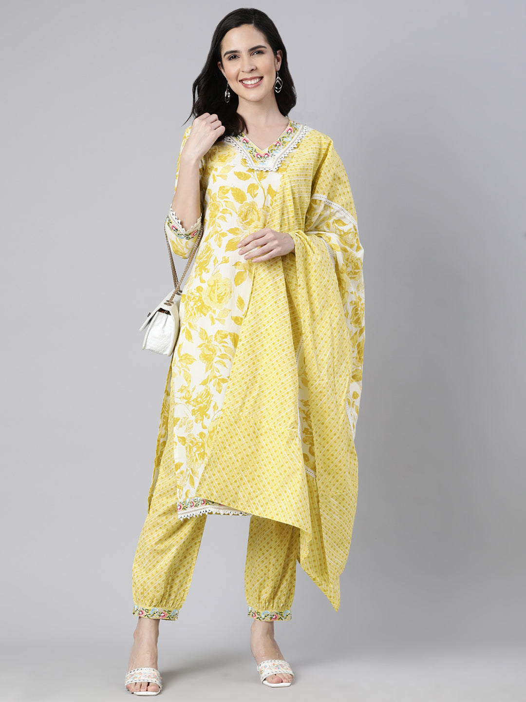 Neerus Yellow Regular Straight Floral Readymade suits