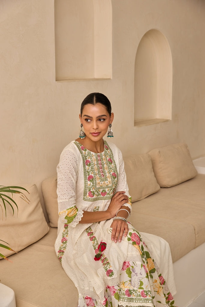 Neerus Off White Flared Emlleshied Kurta And Trousers With Dupatta