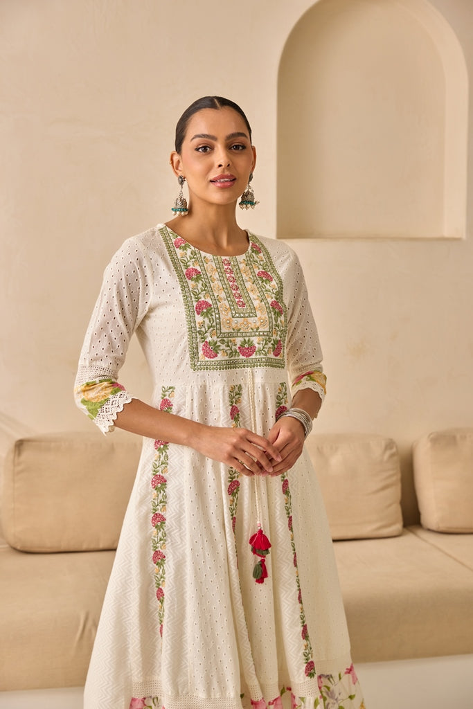 Neerus Off White Flared Emlleshied Kurta And Trousers With Dupatta