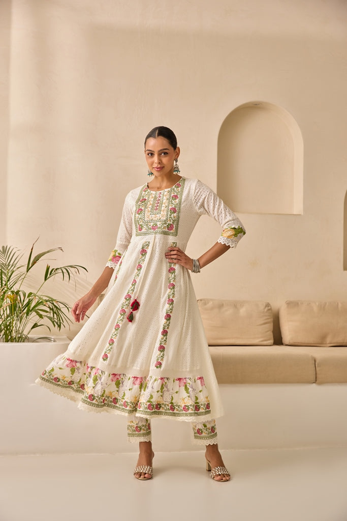 Neerus Off White Flared Emlleshied Kurta And Trousers With Dupatta