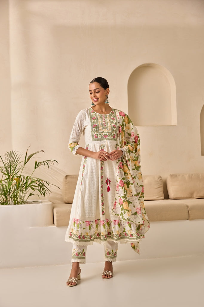 Neerus Off White Flared Emlleshied Kurta And Trousers With Dupatta